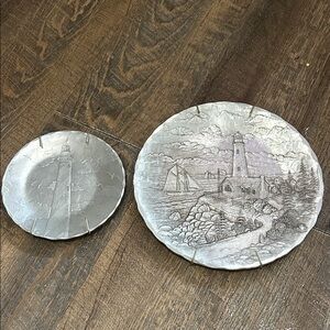 Set of 2 LIGHTHOUSE Lake PEWTER PLATE BY THE FORGE HAND-HAMMERED WILLIAMSBURG VA